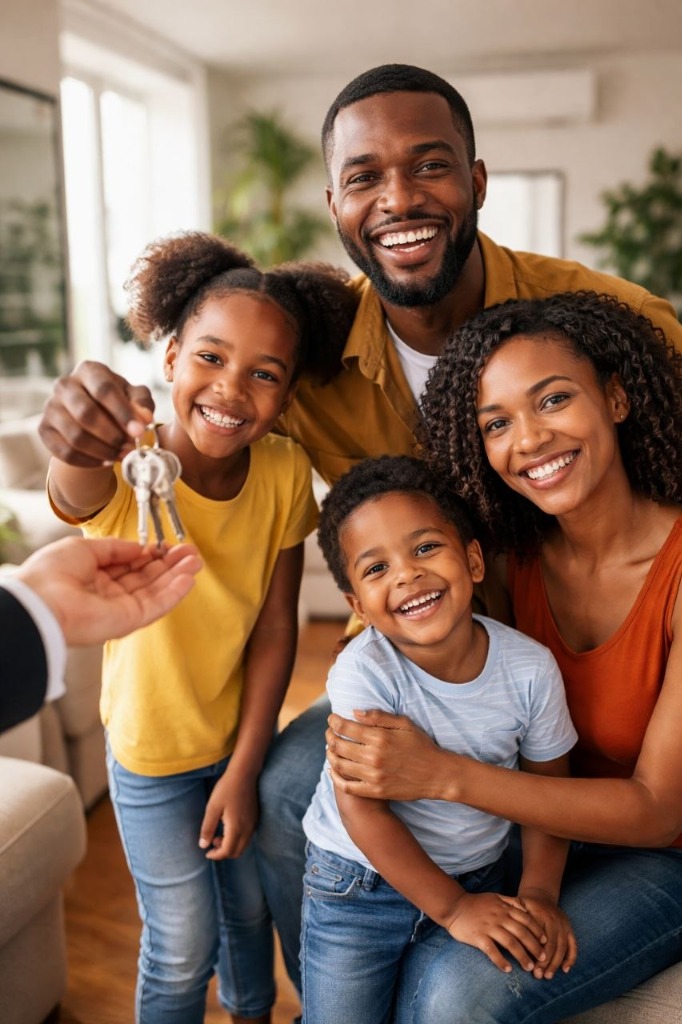 Famille heureuse recevant les clés de leur nouvelle location au Kongo Central
